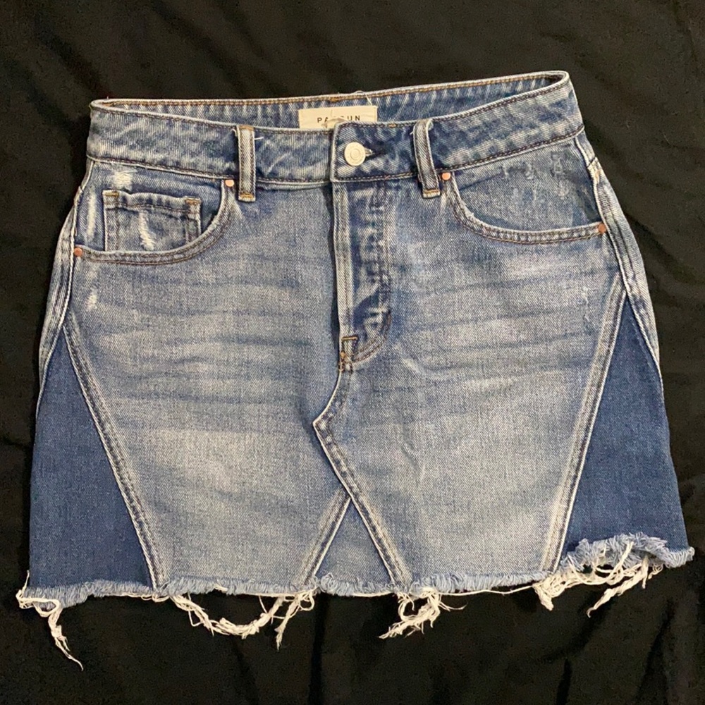 PacSun Unhemmed Denim Skirt with Geometric Patchwork